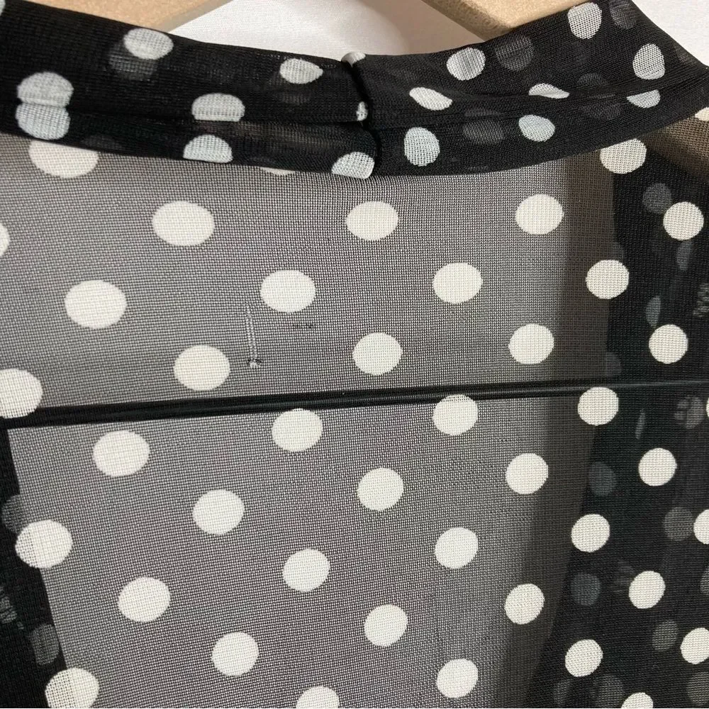 Y2K Lashes Mesh Blouse Black White Polka Dots Deep V Neck Small